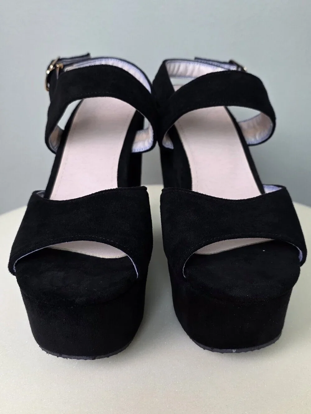 Retro Black Faux Suede Chunky Platform Sandals Open Toe Block Heel Y2K, EU 38